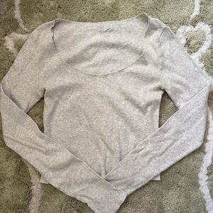 Brandy-melville Women's Grey long sleeve ribbed scoop neck Shirt